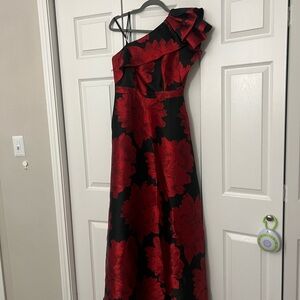 Adriana Papell One-Shoulder Red and Black Floral Dress